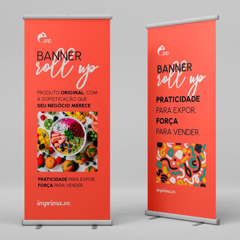 Duas ilustrações de banner roll up, com medidas de 0,80x2,00m, em formato mockup para uma apresentação mais realista. O primeiro, de frente, tem uma arte qeu aborda que características do produto. Já o segundo banner, de lado, apresenta as vantagens do Banner Roll Up de 0,80x2,00m. Ambos possuem fundo rosa.