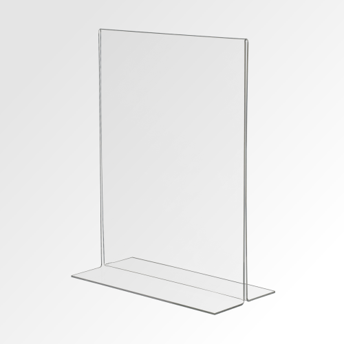 Imagem que mostra display em T acrílico cristal, com espaço vago para comunicação visual impressa por dentro, vendido na Imprima.vc