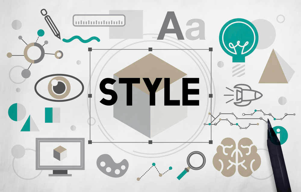 Comunicação visual e sua importância para o marketing | Imprima.vc Imagem composta por símbolos em vetores e, no centro, a palavra 'style' para representar os elementos da comunicação visual.