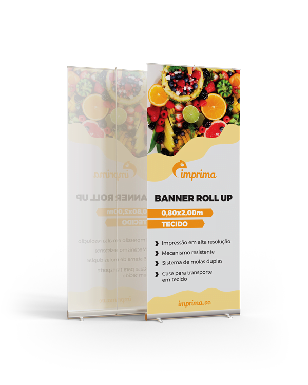 Imagem de um banner roll up que divulga um produto no ponto de venda