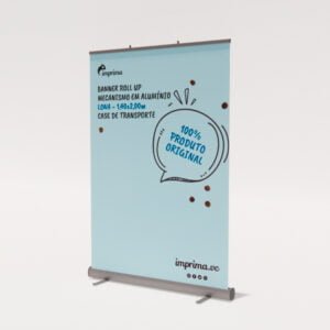 Imagem que ilustra um banner roll up, no formato de 1,40x2,00m, com a comunicação em lona, impressa pela Imprima.vc