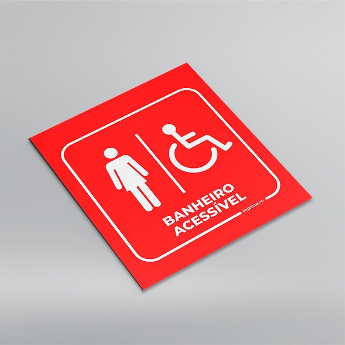 Imagem que ilustra um modelo de placa de sinalização interna para banheiro feminino acessível, fabricada em PS pela Imprima.vc, de fundo azul, aplicada em parede.