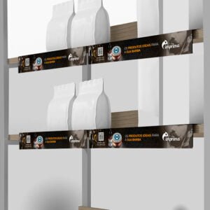 Imagem que ilustra uma faixa de gondola (régua de gondola) fabricada pela Imprima.vc e aplicada no PDV.
