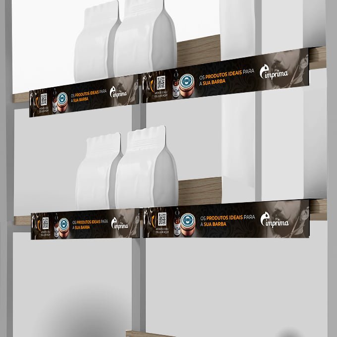 Imagem que ilustra uma faixa de gondola (régua de gondola) fabricada pela Imprima.vc e aplicada no PDV.