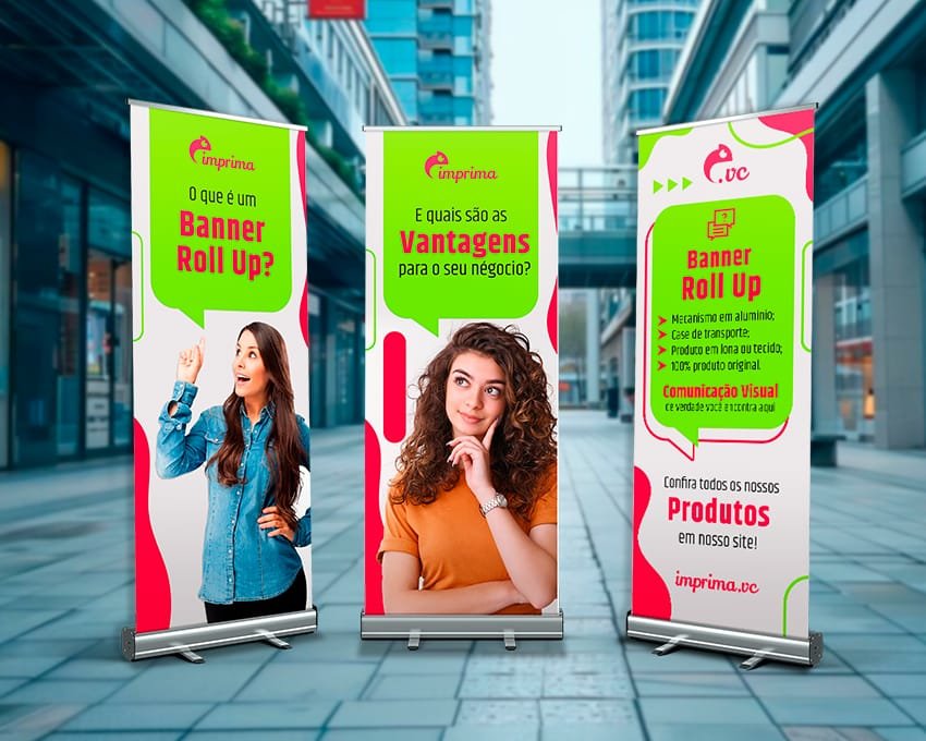 Imagem com três banners roll up, alinhados, cada um com uma arte da Imprima.vc, sugerindo uma forma de aplicar o conteúdo e o layout no produto, para melhor destaque da informação.