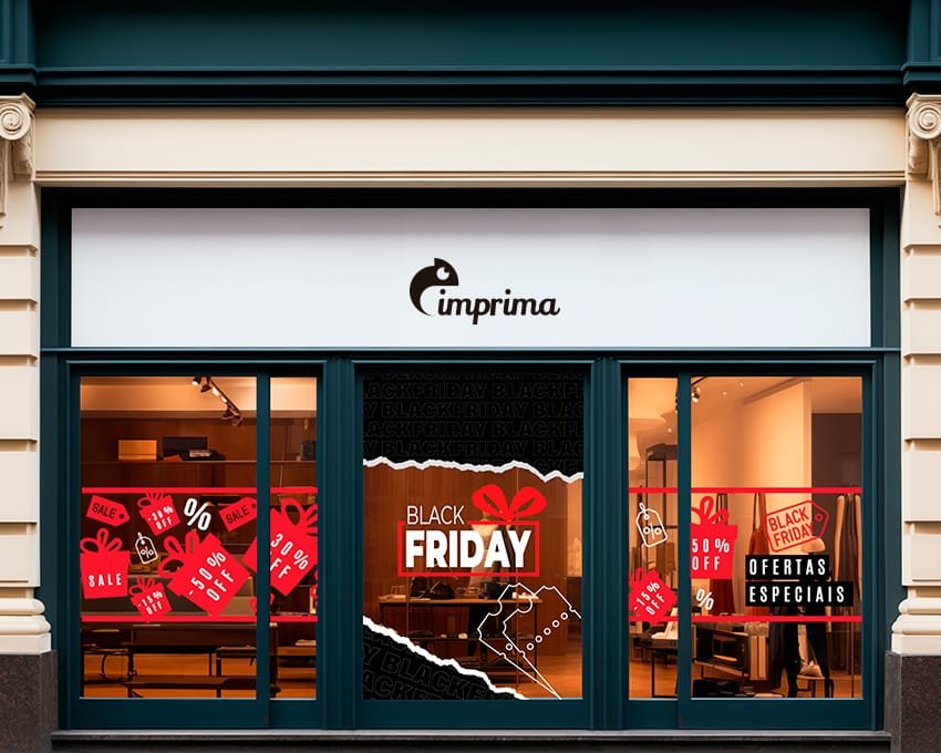 Imagem de uma vitrine ambientada para a Black Friday, como um exemplo de ação para a data | Imprima.vc