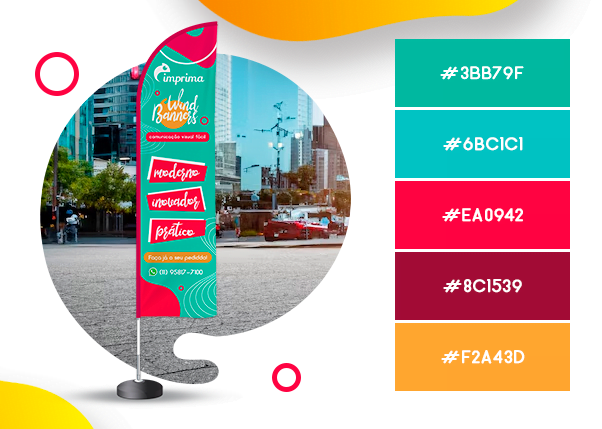 Imagem de um wind banner personalizado, com cores vibrantes e atraentes, escolhidas para atrair a atenção do transeunte. As cores utilizadas estão em destaque para exemplificar seu uso.