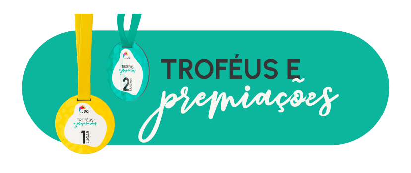 Ícone que identifica a categoria de brindes para troféus e premiações da Imprima.vc, formando por um fundo verde, duas medalhas personalizados a esquerda e, ao lado e a direita, o nome da subcategoria.